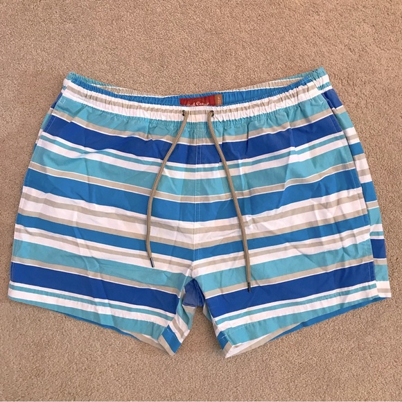 Red Camel Mens Swim Trunks Swimwear Size Large 34 36 Blue White Stripe Altered - Picture 1 of 9